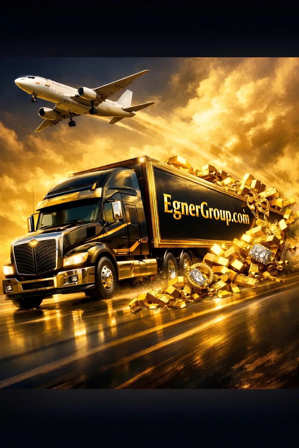 EgnerGroup.com arany tematikájú promóciós kép kamionnal és repülővel
